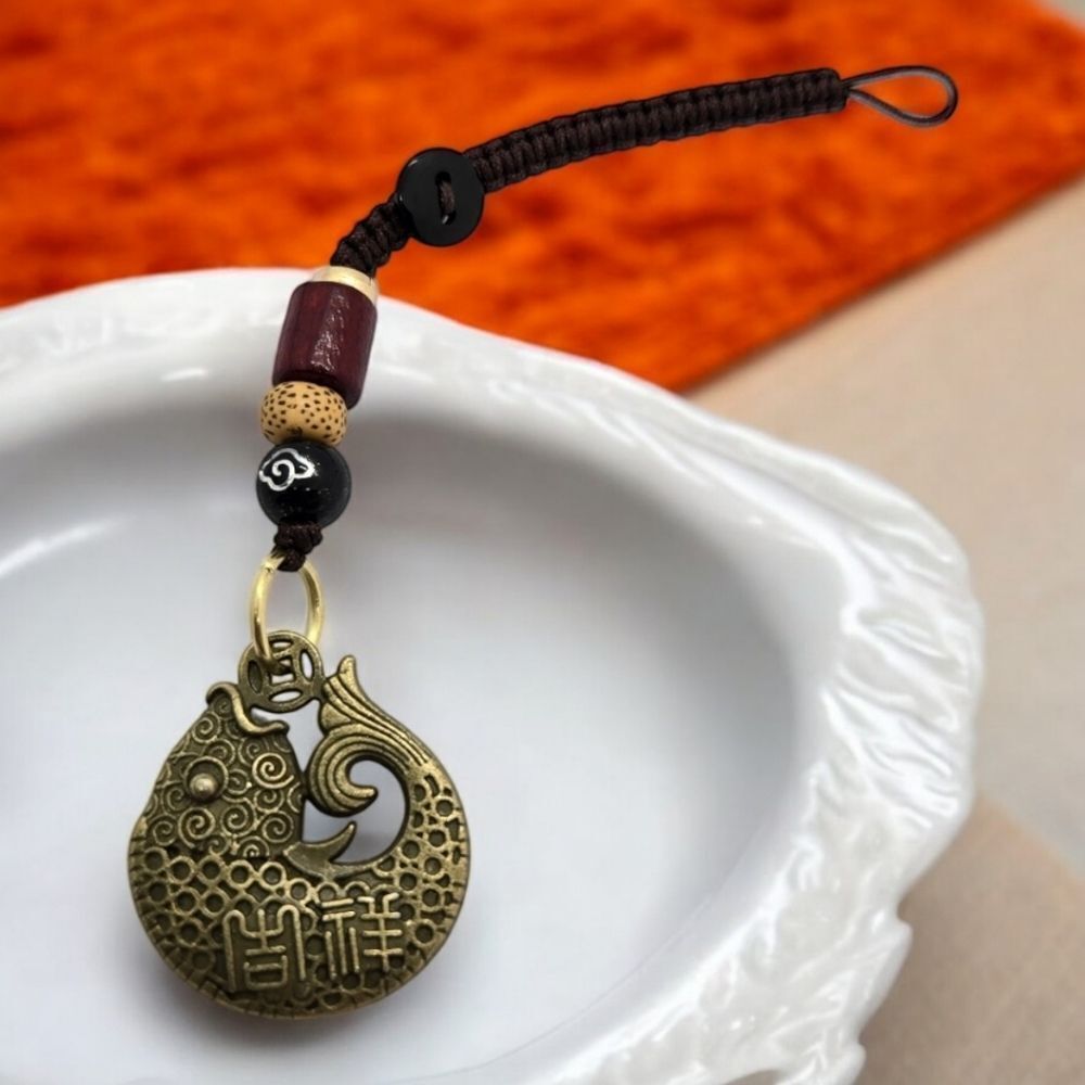 Brass Lucky Koi Fish Keychain Keyfob Rope Key Ring Tibetian Chinese Feng Shui